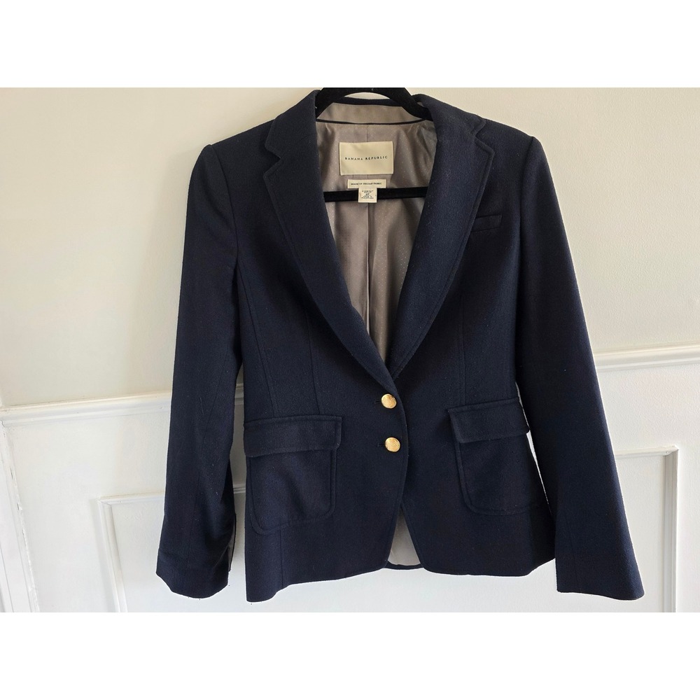 Banana Republic Navy Wool Italian Fabric‎ Blazer Gold Crest Buttons Petite 2P